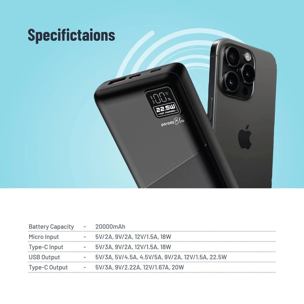 پاوربانک Porodo Blue 20000mAh (PB‑PBFCH054)